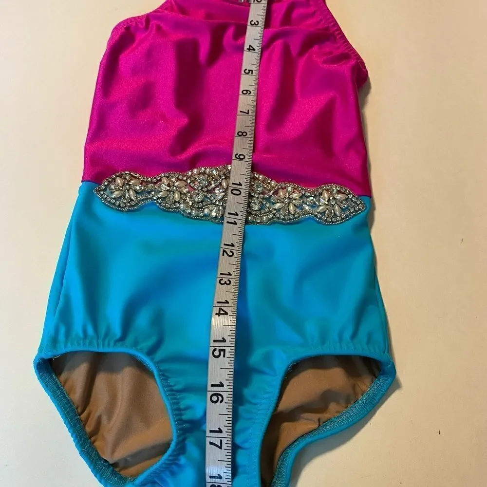 Custom rhinestoned dance costume hot pink Aqua blue leotard child S